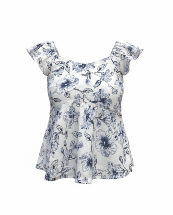 Earthvale Printed Short Linen Tops - Blue Hibiscus