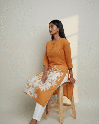 Earthvale Pure Linen Printed Embroidered Kurti - Burnt Orange
