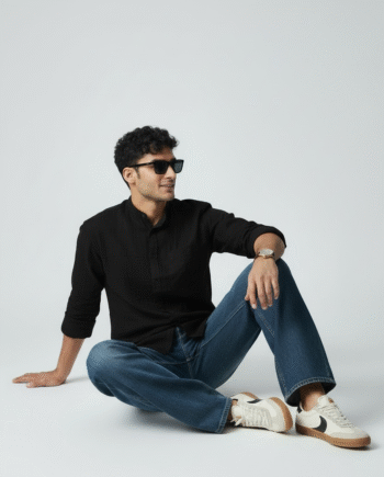 Earthvale Men’s Pure Linen Chinese Collar Embroidered Full Sleeves Shirt – Black