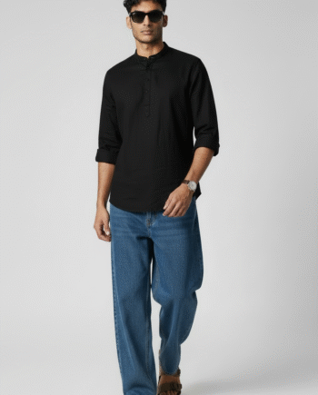 Earthvale Men’s Pure Linen Chinese Collar Kurta – Black