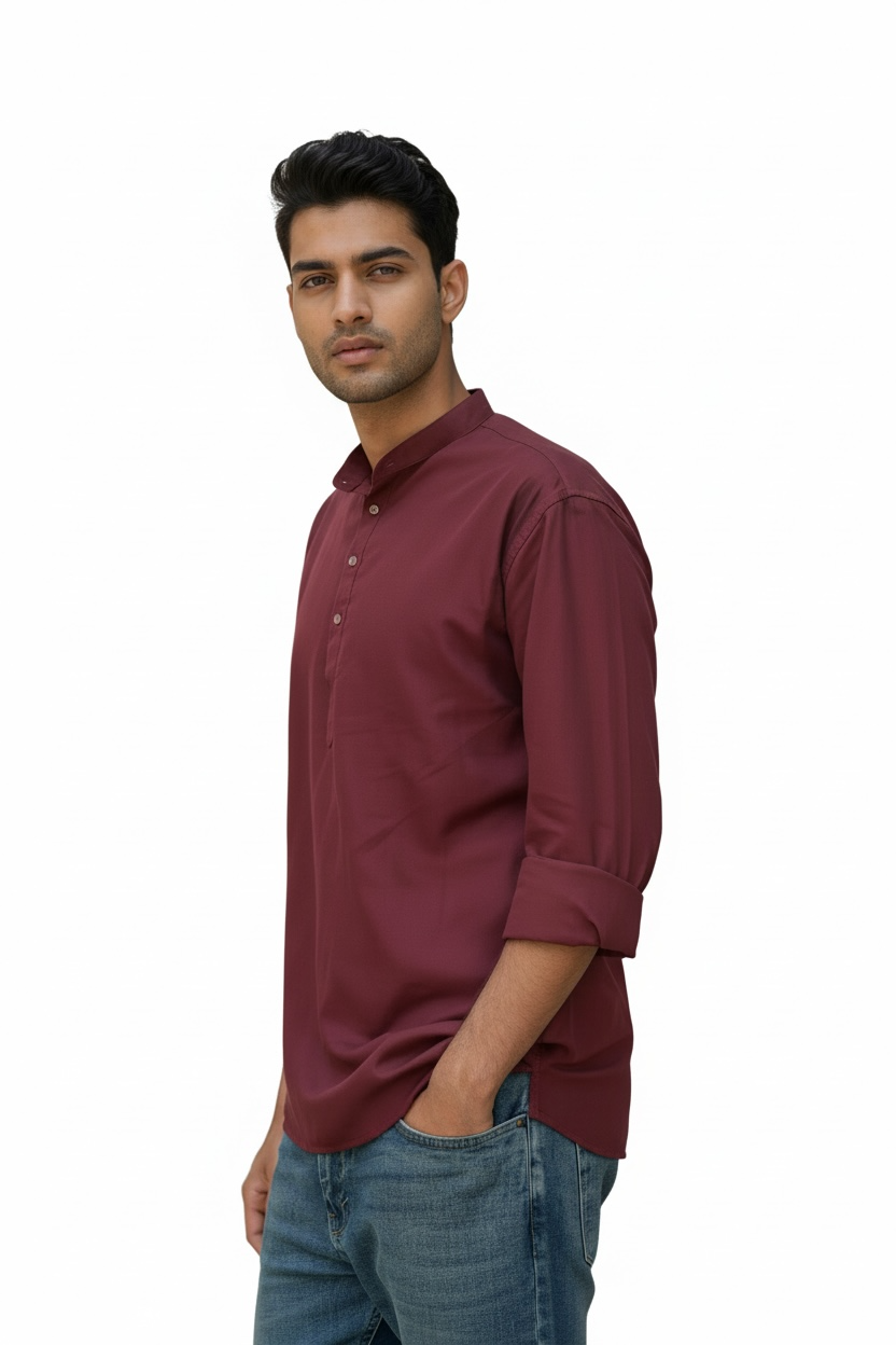 Earthvale Men’s Pure Linen Chinese Collar Kurta – Maroon