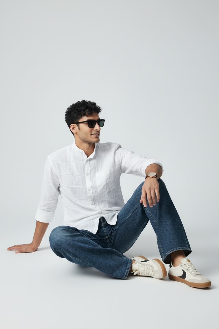 Earthvale Men’s Pure Linen Chinese Collar Embroidered Full Sleeves Shirt – White