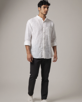 Earthvale Men’s Pure Linen Chinese Collar Embroidered Full Sleeves Shirt – White