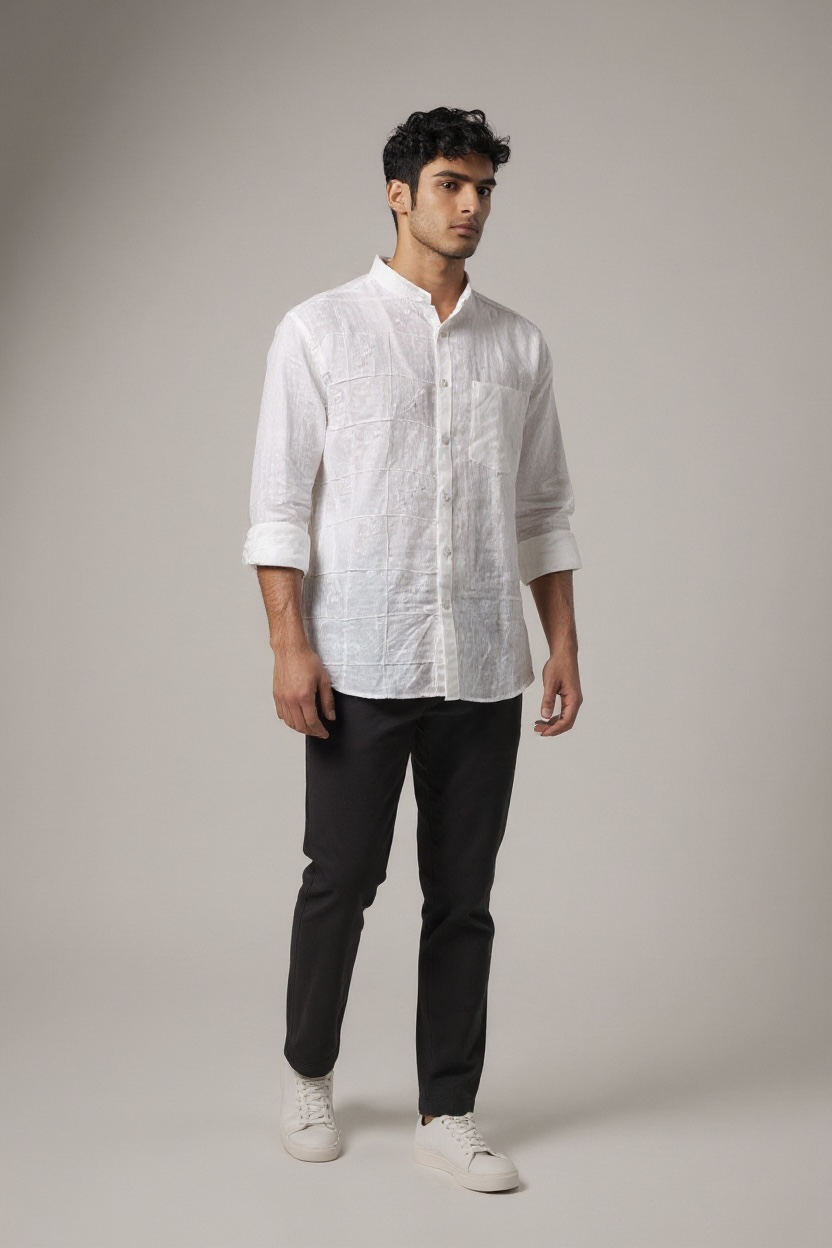 Earthvale Men’s Pure Linen Chinese Collar Embroidered Full Sleeves Shirt – White