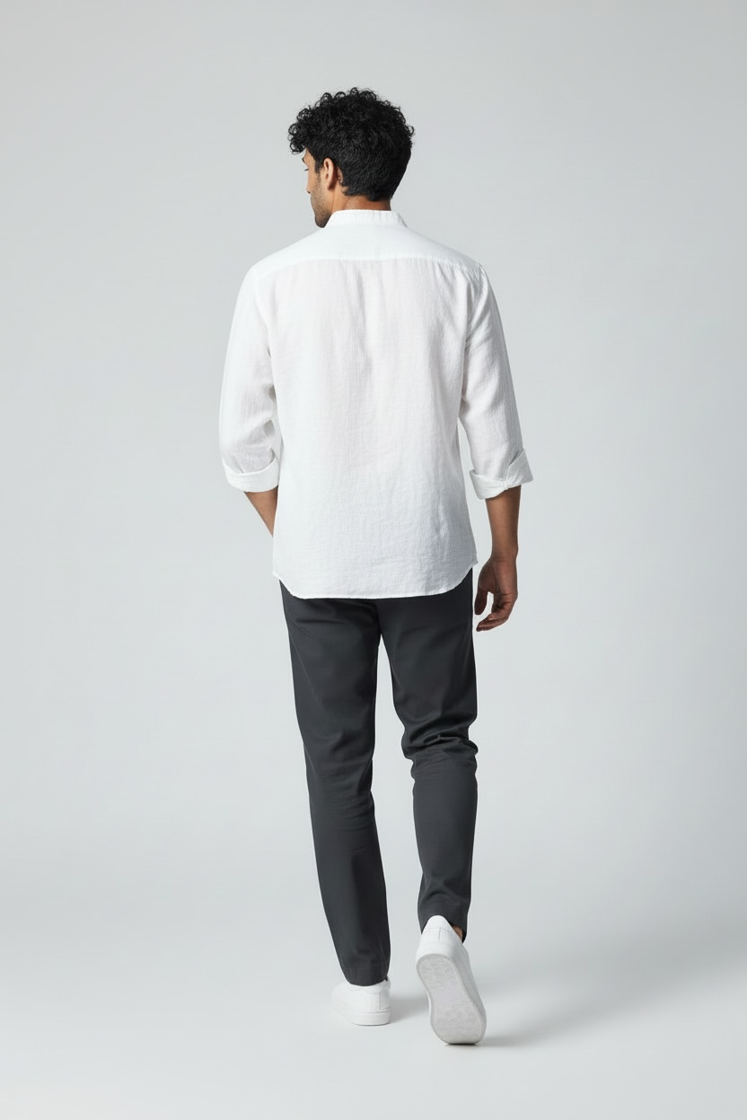 Earthvale Men’s Pure Linen Chinese Collar Embroidered Full Sleeves Shirt – White