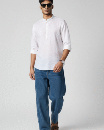 Earthvale Men’s Pure Linen Chinese Collar Kurta – White
