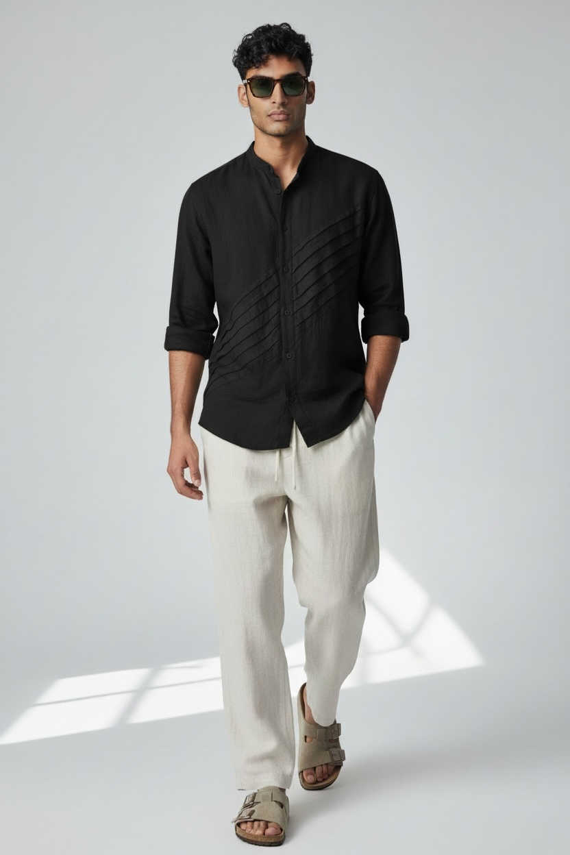 Earthvale Men’s Pure Linen Full Sleeves Pintuck Shirt – Black