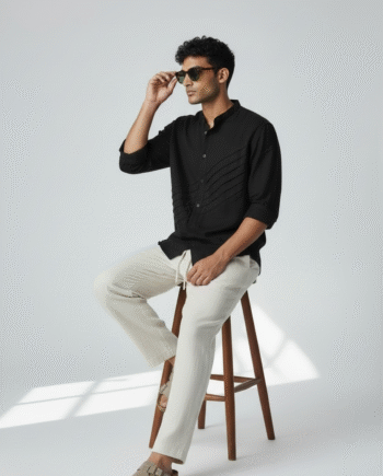 Earthvale Men’s Pure Linen Full Sleeves Pintuck Shirt – Black