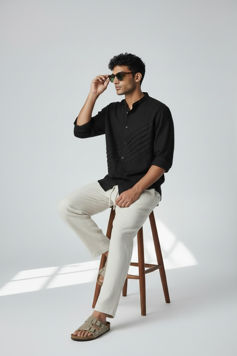 Earthvale Men’s Pure Linen Full Sleeves Pintuck Shirt – Black