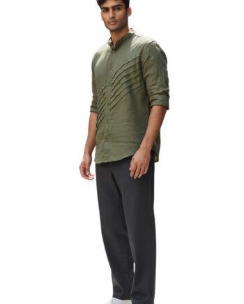 Earthvale Men’s Pure Linen Full Sleeves Pintuck Shirt – Olive Green