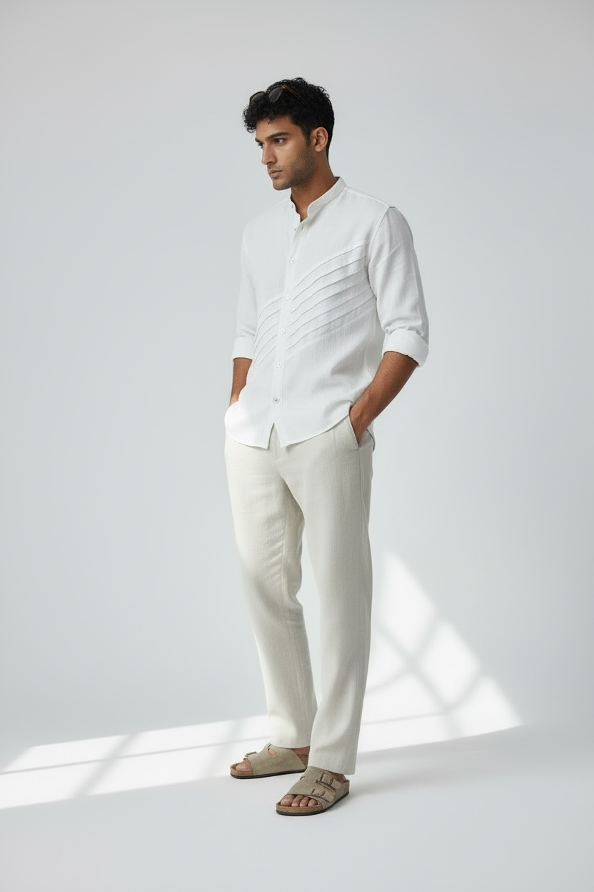 Earthvale Men’s Pure Linen Full Sleeves Pintuck Shirt – White