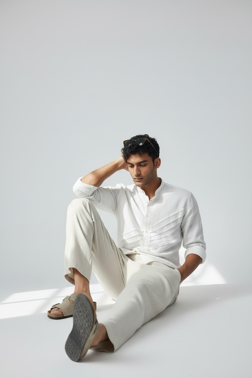 Earthvale Men’s Pure Linen Full Sleeves Pintuck Shirt – White