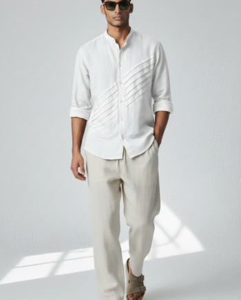 Earthvale Men’s Pure Linen Full Sleeves Pintuck Shirt – White