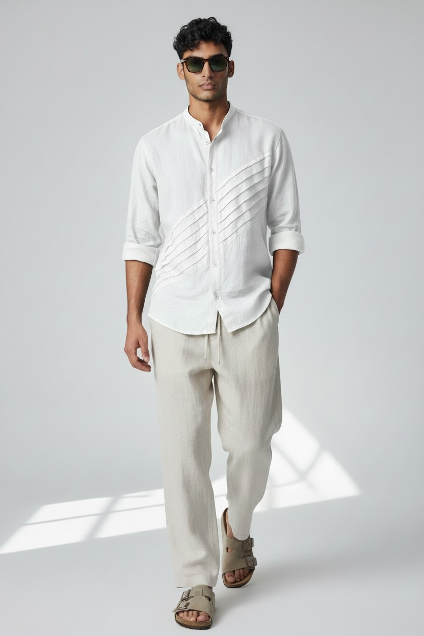 Earthvale Men’s Pure Linen Full Sleeves Pintuck Shirt – White